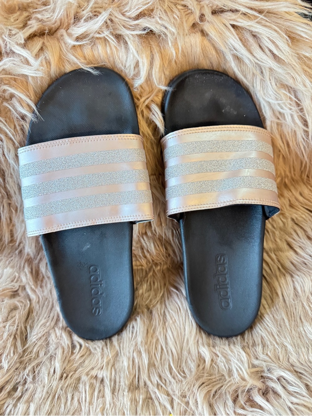 adidas Black Slides with Rose Gold & silver Metallic Straps Sz 7 EUC - Picture 5 of 6